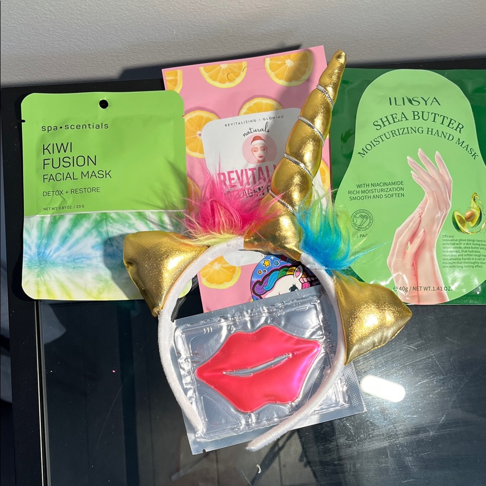 Unicorn Headband with Gold Horn and Colorful Ears and wellness face mask and lip